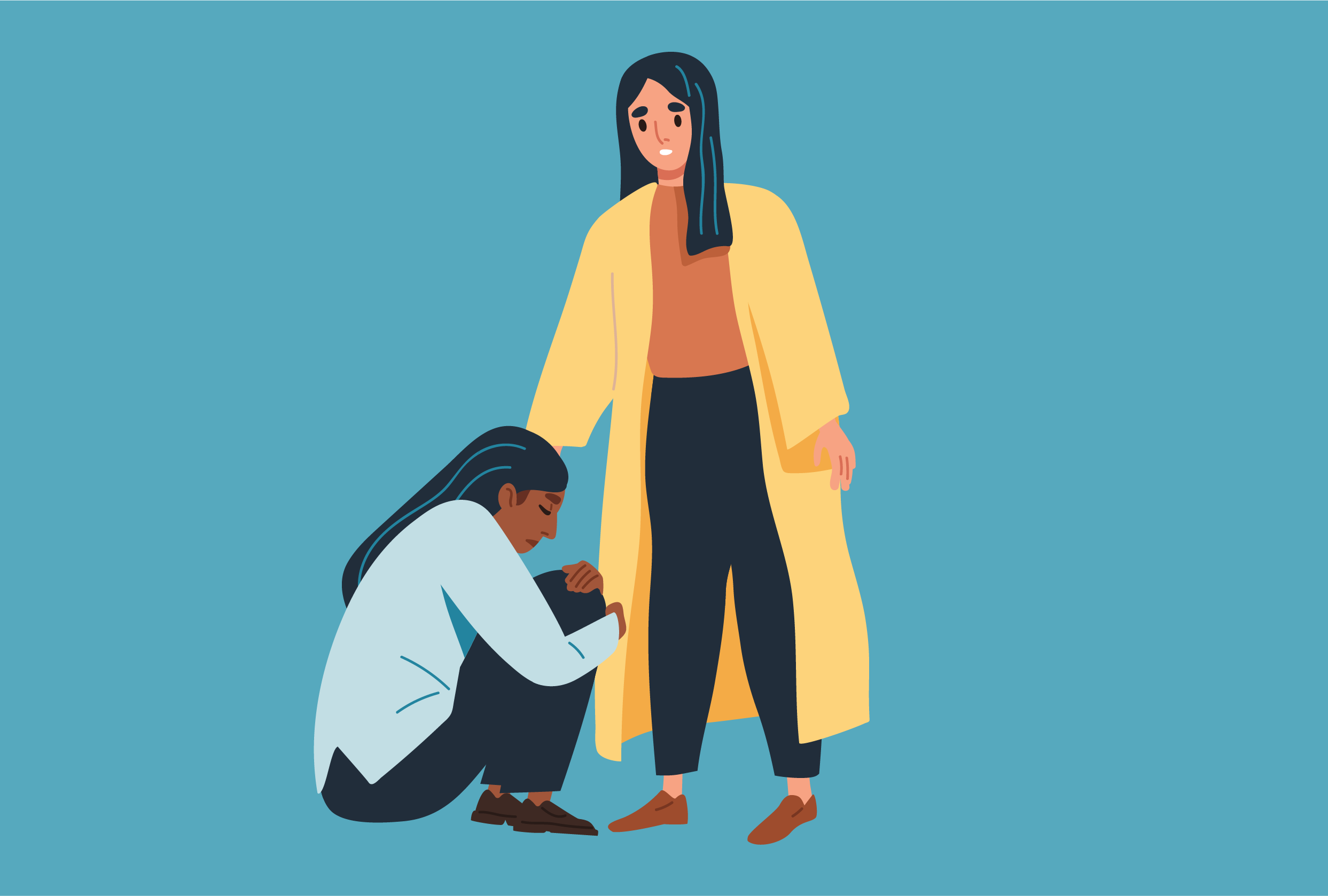 Osoba przyglądająca się skulonej postaci