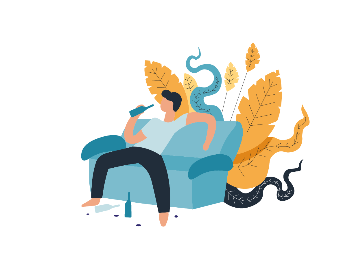 Osoba siedząca na kanapie, sięgająca po kolejne piwo.