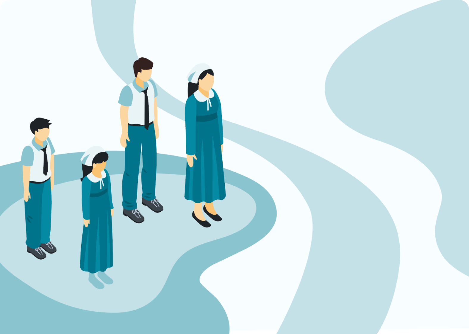 Grupa jednakowo ubranych osób patrzących w tym samym kierunku