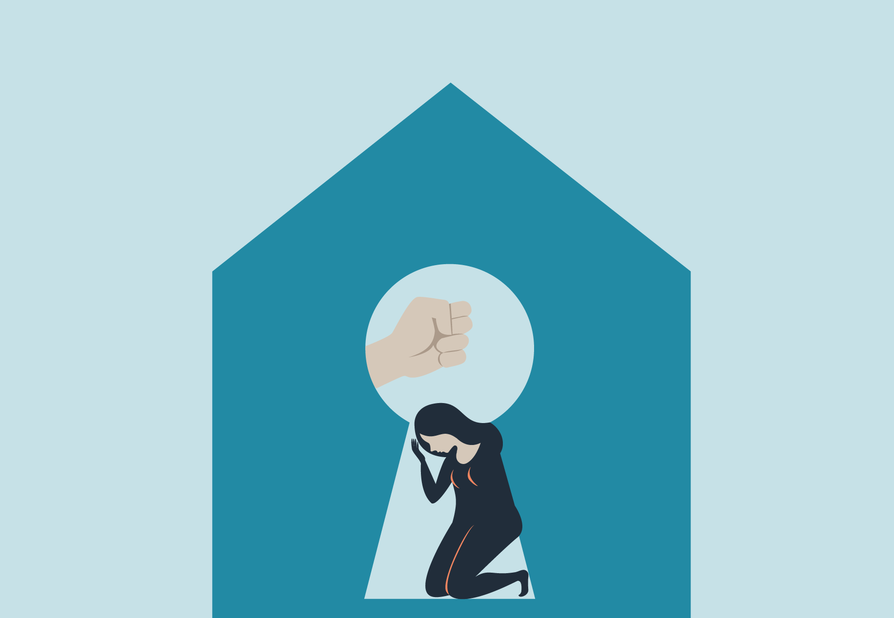 Skulona kobieta klęczy w domu, a nad nią znajduje się zaciśnięta pięść