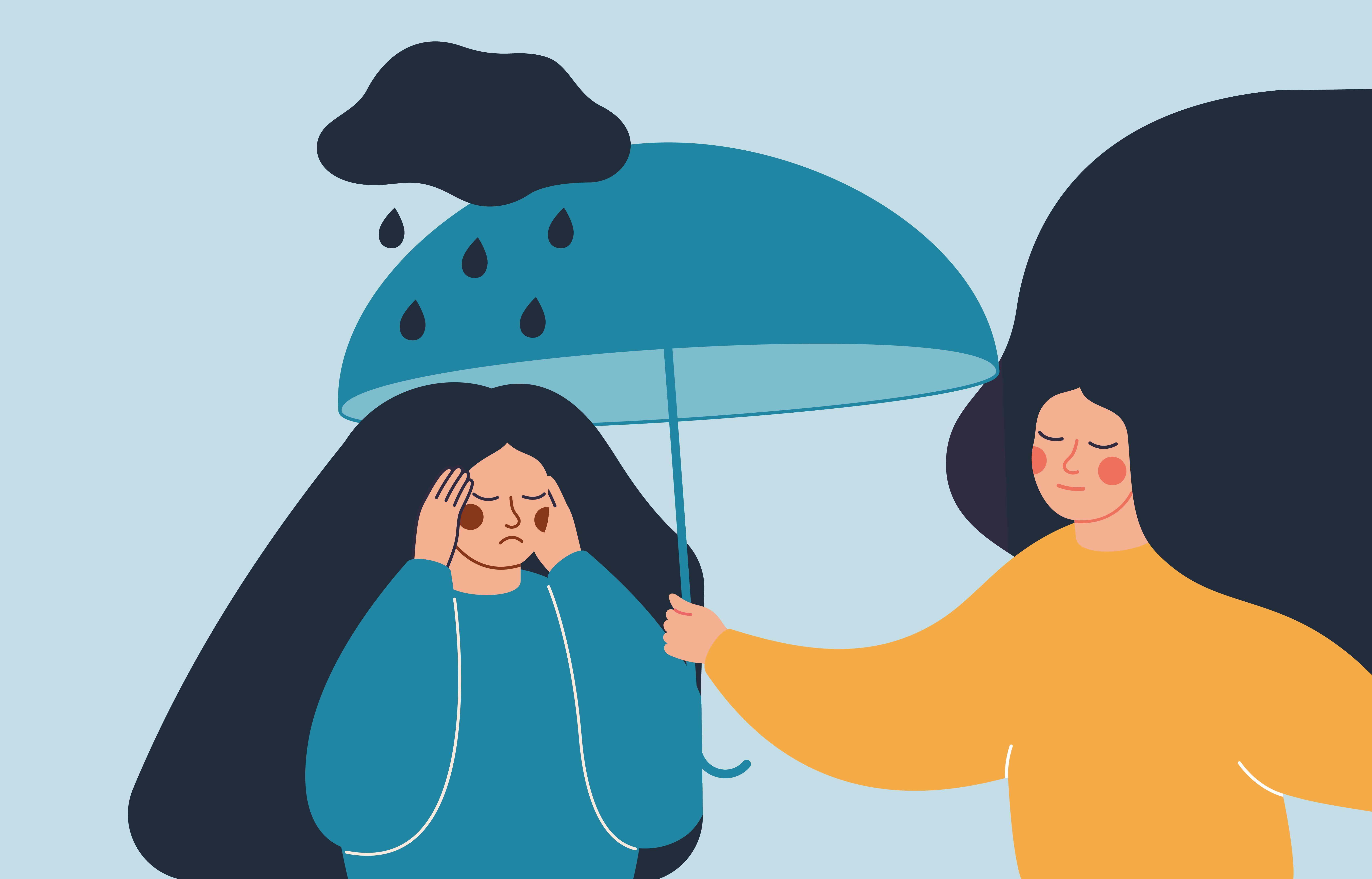 Kobieta oferująca drugiej osobie parasol - symbol wsparcia, aby uchronić ją przed deszczem smutku