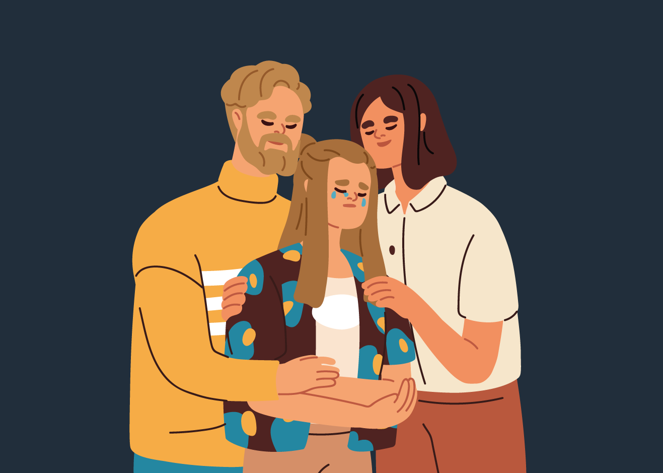 Mama i tata przytulają płaczącą nastolatkę