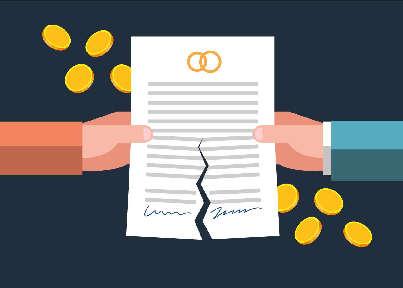 Para rąk, która symbolicznie rozdziera akt małżeństwa