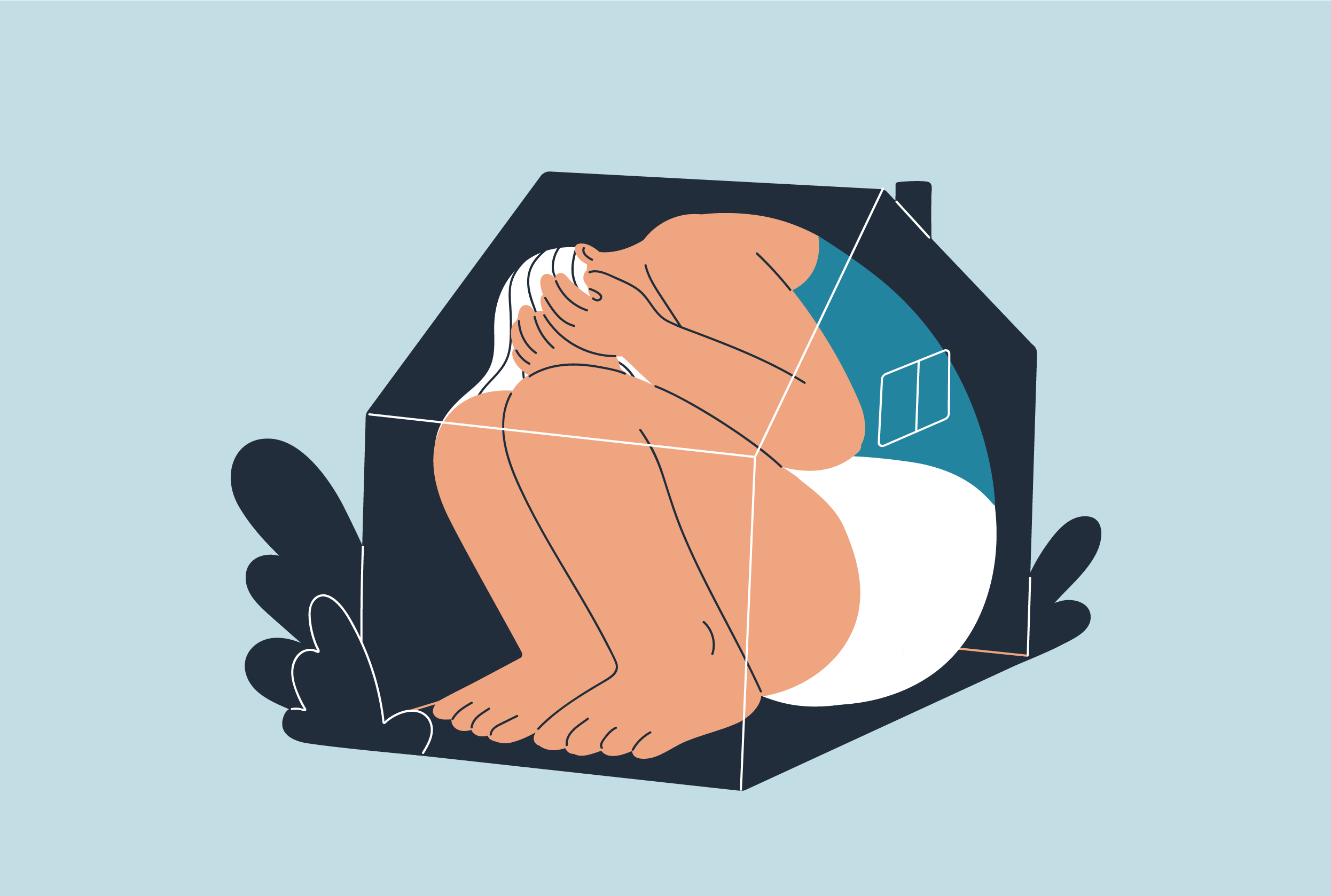 Osoba pogrążona w głębokim smutku i odizolowana od świata.