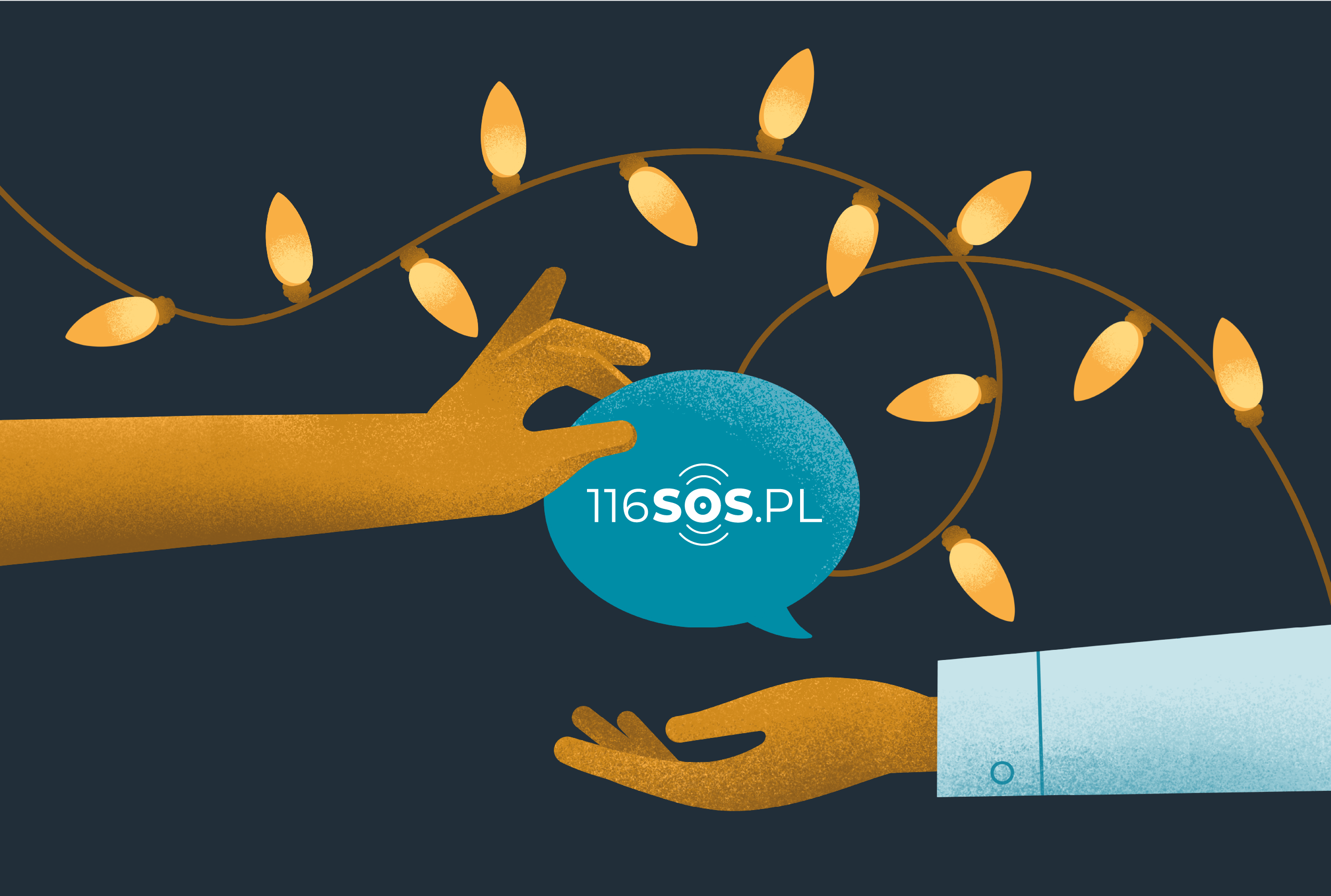 Ręka podająca dymek rozmowy na drugą rękę. W tle światełka świąteczne.