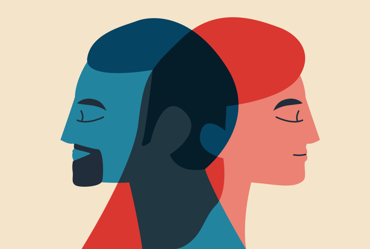 Na obrazku dwie głowy - damska i męska, przenikające przez siebie.