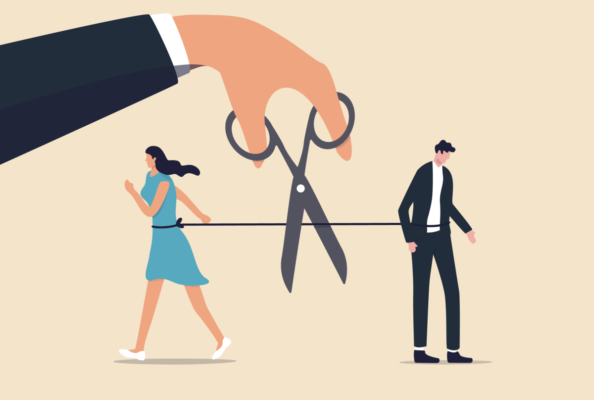 Na obrazku dwie osoby, połączone sznurkiem. Między nimi nożyczki, które przecinają ten sznurek.