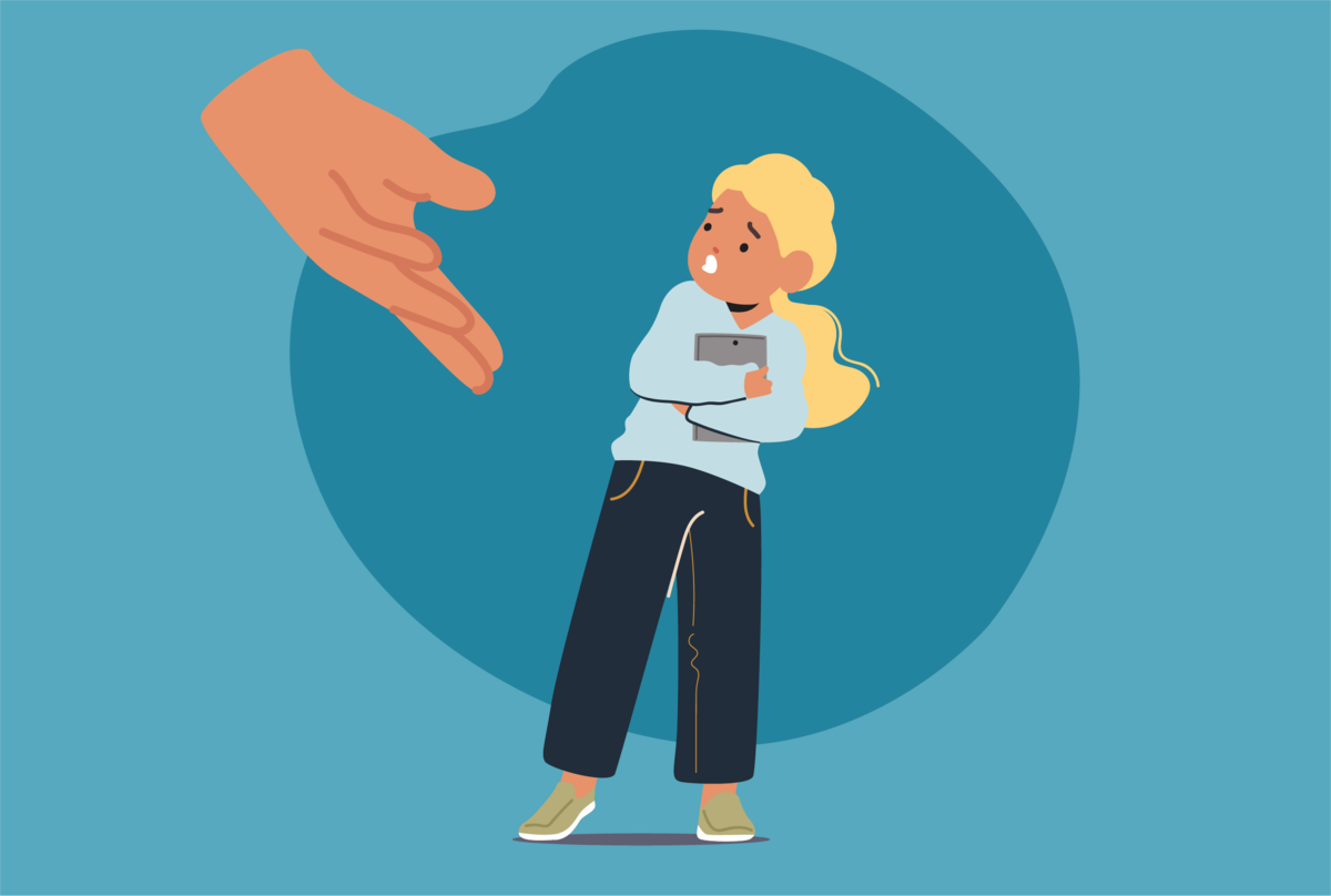 Na grafice dziecko, które nie chce oddać tabletu.