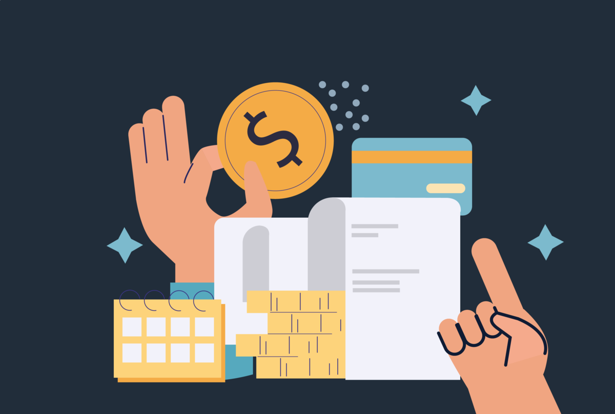 Na obrazku dwie dłonie - jedna z nich trzyma monetę, a druga wskazuje na dokumenty.