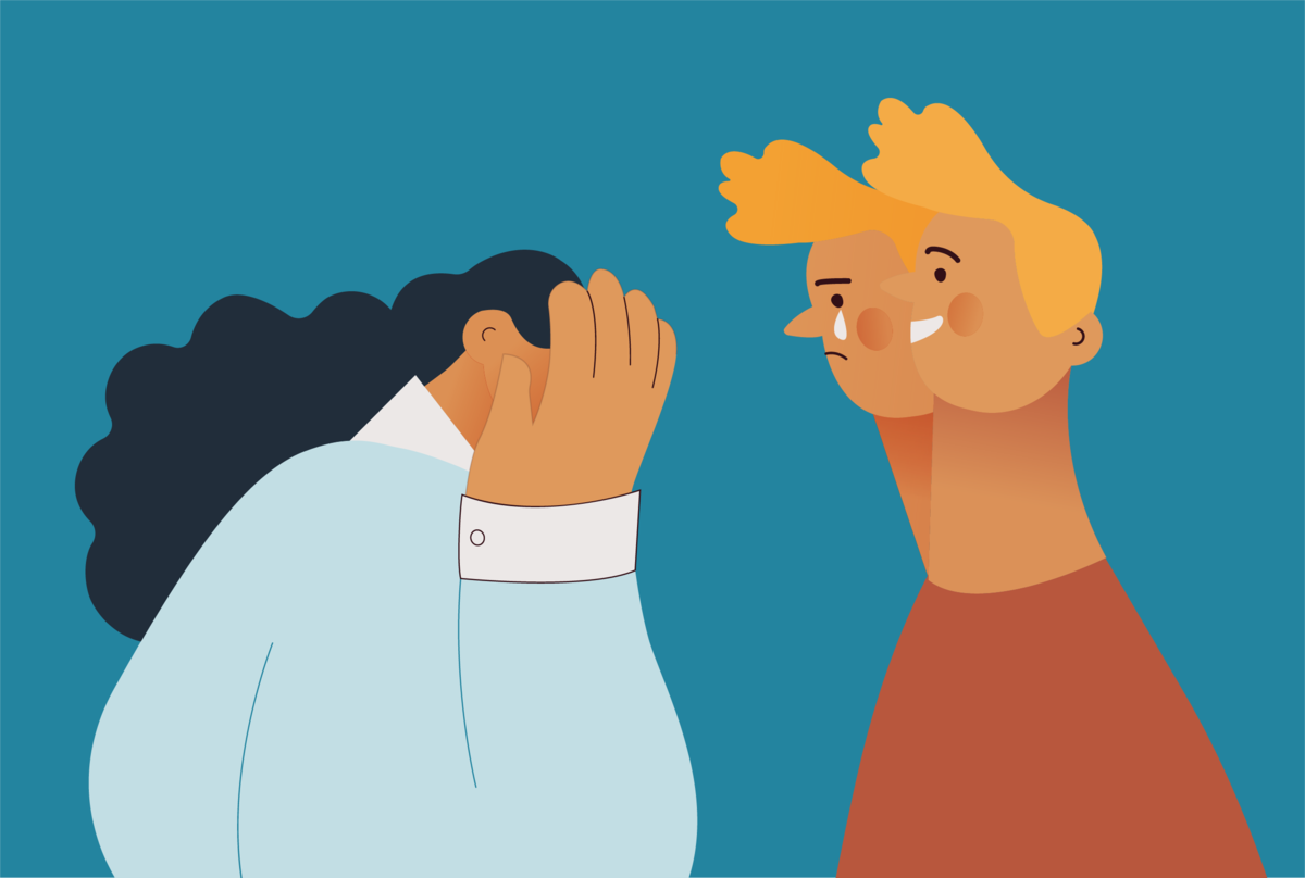 Na obrazku dwie osoby. Jedna zakrywa twarz rękami, druga ma dwie twarze - uśmiechniętą i płaczącą.