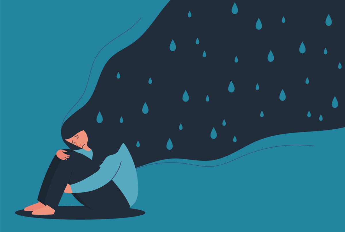 Na obrazku widzimy osobę, na której twarzy widać smutek. Na jej włosach są krople, które symbolizują łzy.