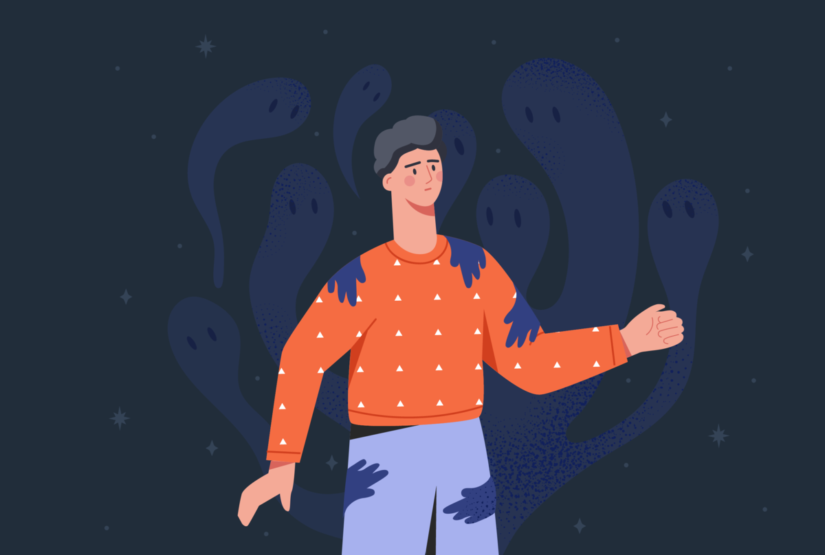 Na obrazku widać postać, która jest otaczana przez cienie przypominające duchy.