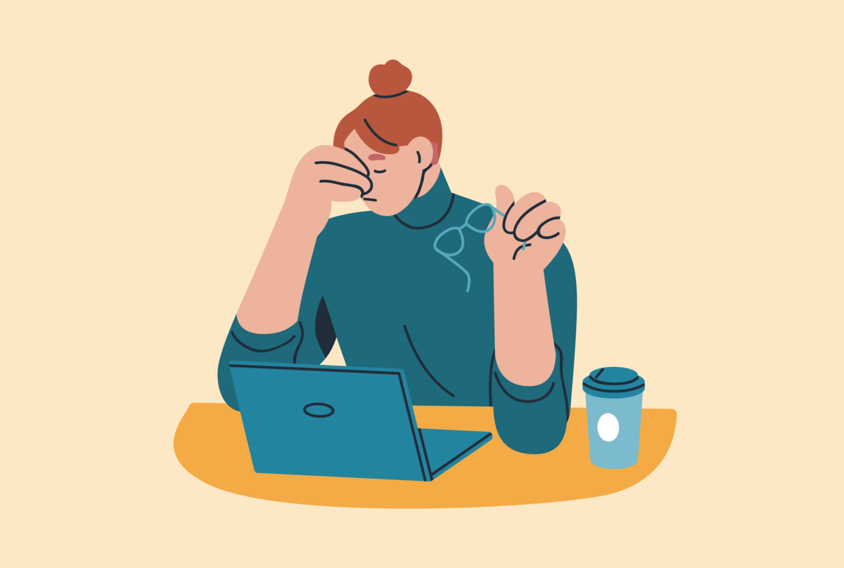Na obrazku widzimy osobę zmęczoną pracą oraz sfrustrowaną.