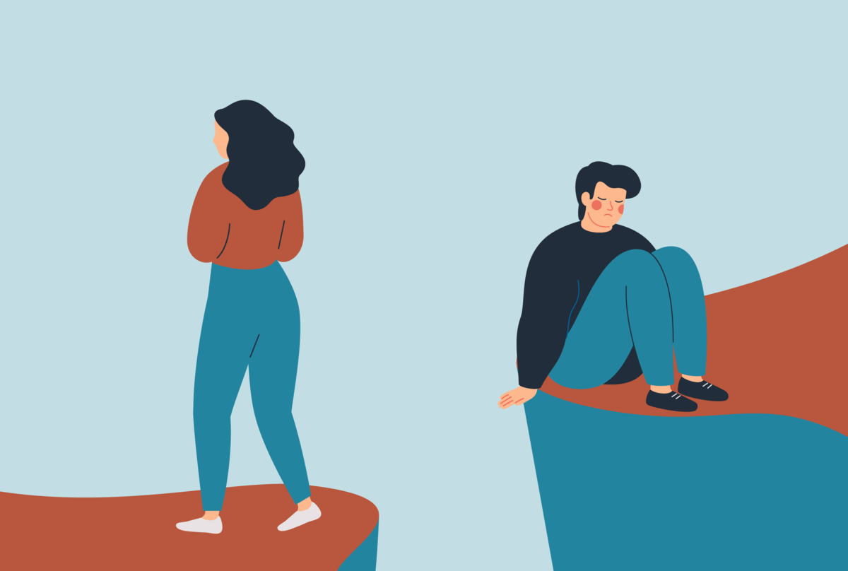 Na obrazku widzimy dwie osoby, które są odwrócone do siebie plecami. Jedna z nich odchodzi.