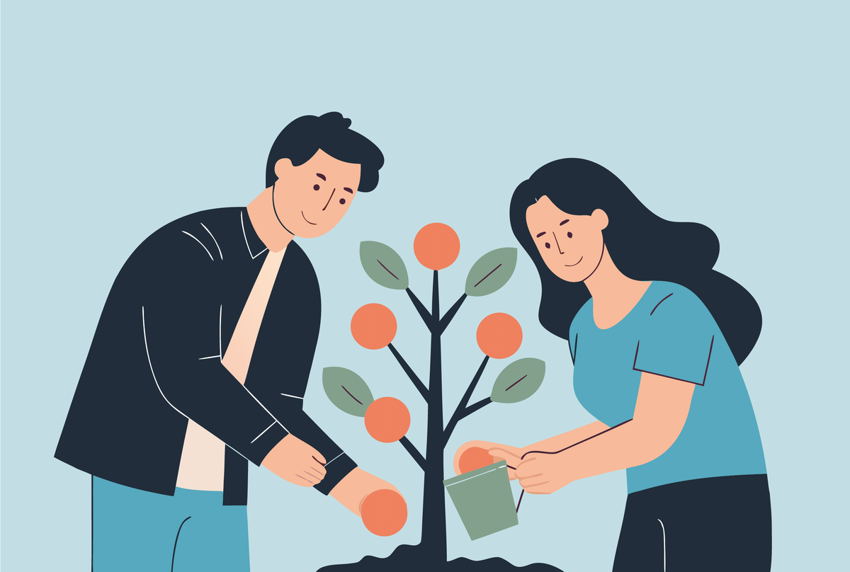 Na obrazku widzimy dwie osoby sadzące drzewo.