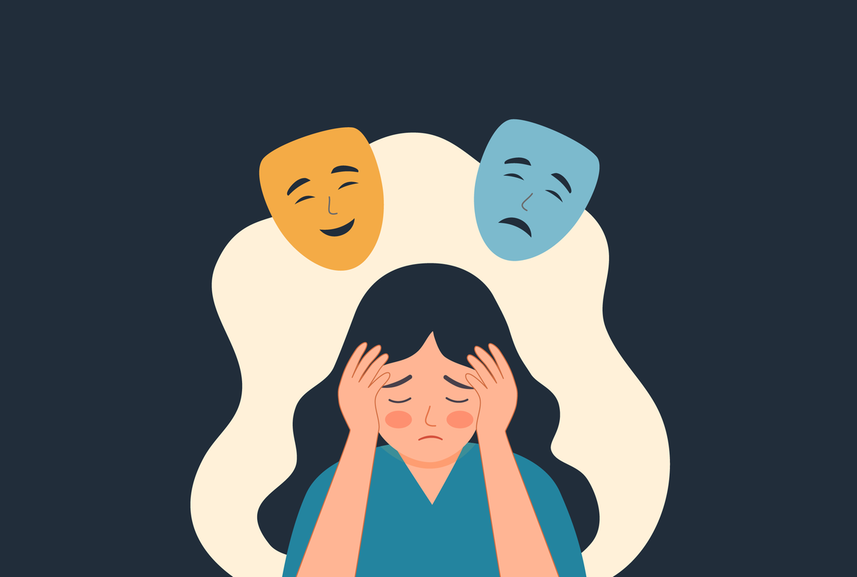 Na obrazku smutna osoba, a nad nią maski - uśmiechnięta i zasmucona.