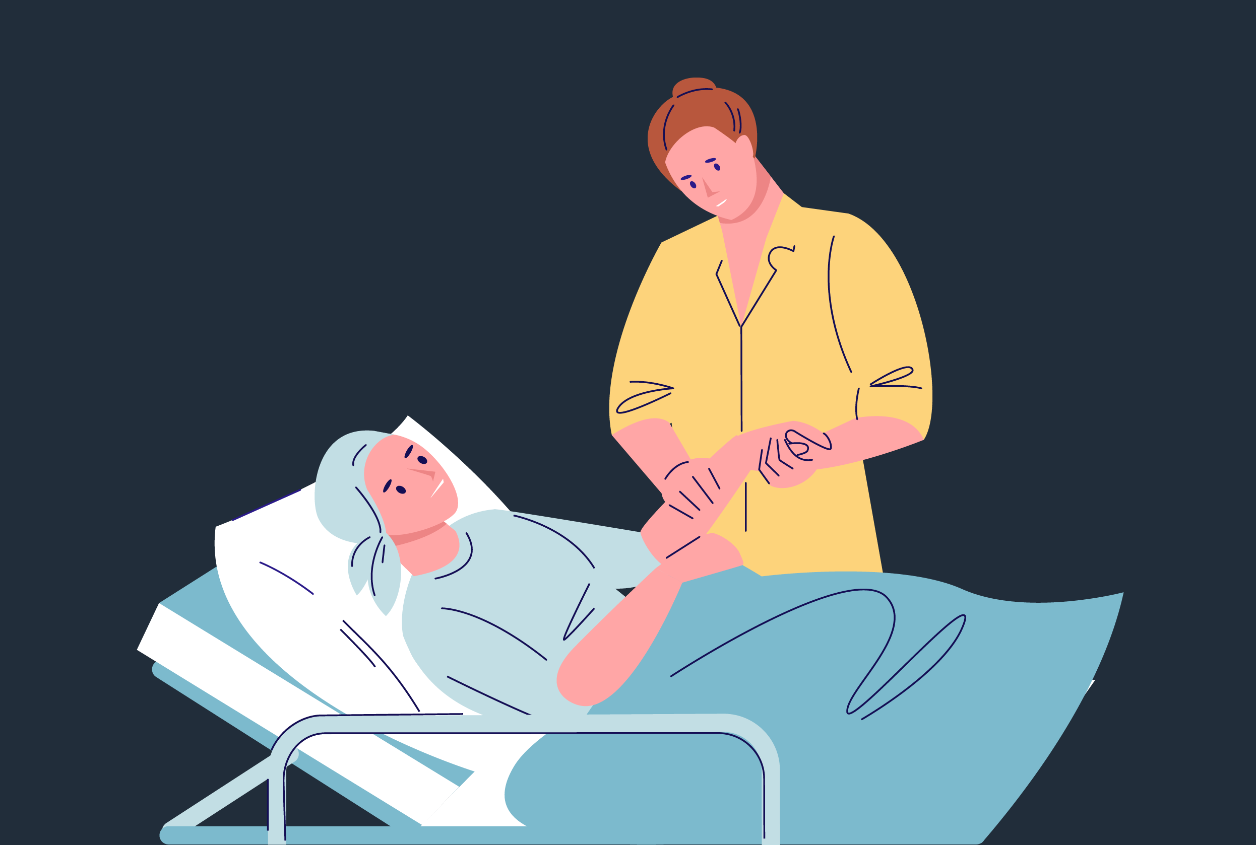 kobieta trzyma za rękę pacjentkę leżącą w łóżku szpitalnym